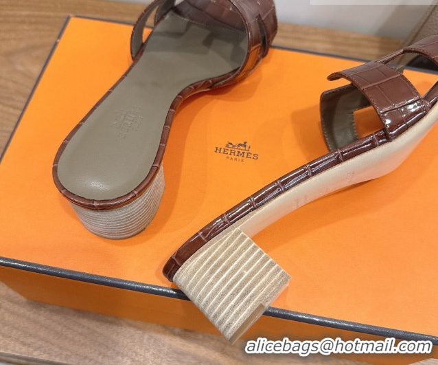 Low Price Hermes Oasis Classic Heel Slides Sandal 4.5cm in Crocodile Embossed Leather Dark Brown 0304044