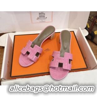 Unique Discount Hermes Oasis Classic Heel Slides Sandal 4.5cm in Crocodile Embossed Leather Pink 0304045