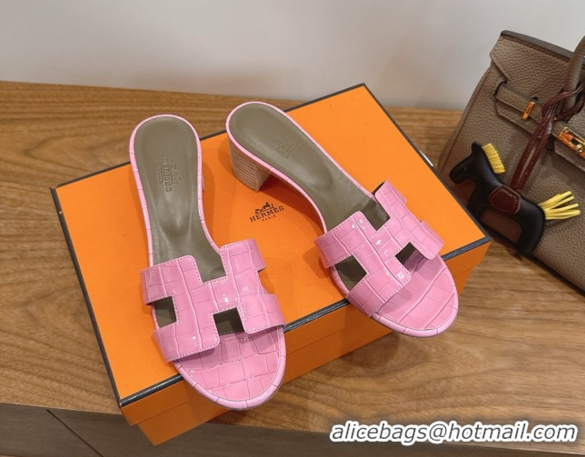 Unique Discount Hermes Oasis Classic Heel Slides Sandal 4.5cm in Crocodile Embossed Leather Pink 0304045