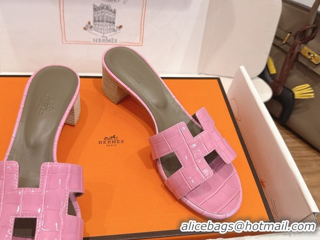 Unique Discount Hermes Oasis Classic Heel Slides Sandal 4.5cm in Crocodile Embossed Leather Pink 0304045