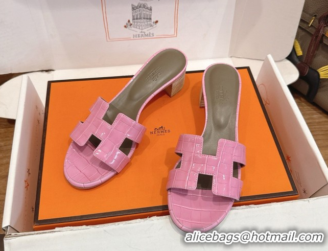 Unique Discount Hermes Oasis Classic Heel Slides Sandal 4.5cm in Crocodile Embossed Leather Pink 0304045