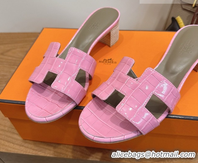 Unique Discount Hermes Oasis Classic Heel Slides Sandal 4.5cm in Crocodile Embossed Leather Pink 0304045