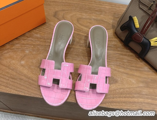 Unique Discount Hermes Oasis Classic Heel Slides Sandal 4.5cm in Crocodile Embossed Leather Pink 0304045