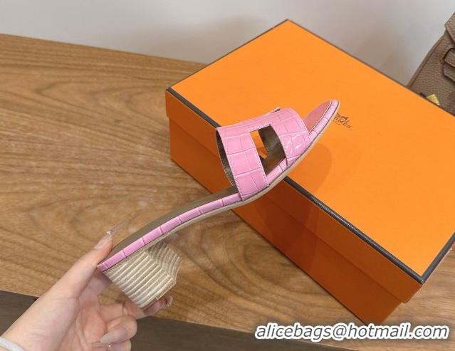 Unique Discount Hermes Oasis Classic Heel Slides Sandal 4.5cm in Crocodile Embossed Leather Pink 0304045