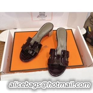 Lower Price Hermes Oasis Classic Heel Slides Sandal 4.5cm in Crocodile Embossed Leather Dark Burgundy 0304046