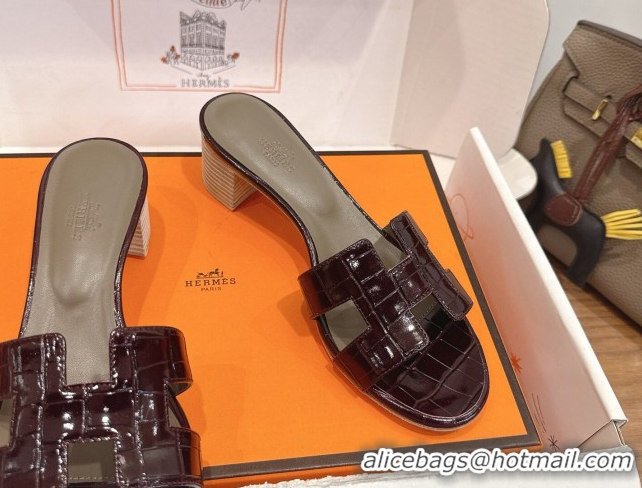 Lower Price Hermes Oasis Classic Heel Slides Sandal 4.5cm in Crocodile Embossed Leather Dark Burgundy 0304046