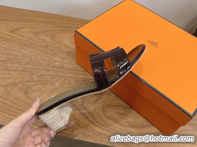 Lower Price Hermes Oasis Classic Heel Slides Sandal 4.5cm in Crocodile Embossed Leather Dark Burgundy 0304046