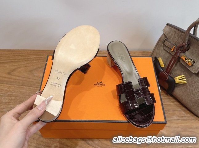 Lower Price Hermes Oasis Classic Heel Slides Sandal 4.5cm in Crocodile Embossed Leather Dark Burgundy 0304046