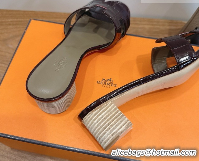 Lower Price Hermes Oasis Classic Heel Slides Sandal 4.5cm in Crocodile Embossed Leather Dark Burgundy 0304046