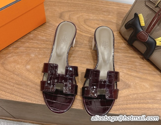 Lower Price Hermes Oasis Classic Heel Slides Sandal 4.5cm in Crocodile Embossed Leather Dark Burgundy 0304046