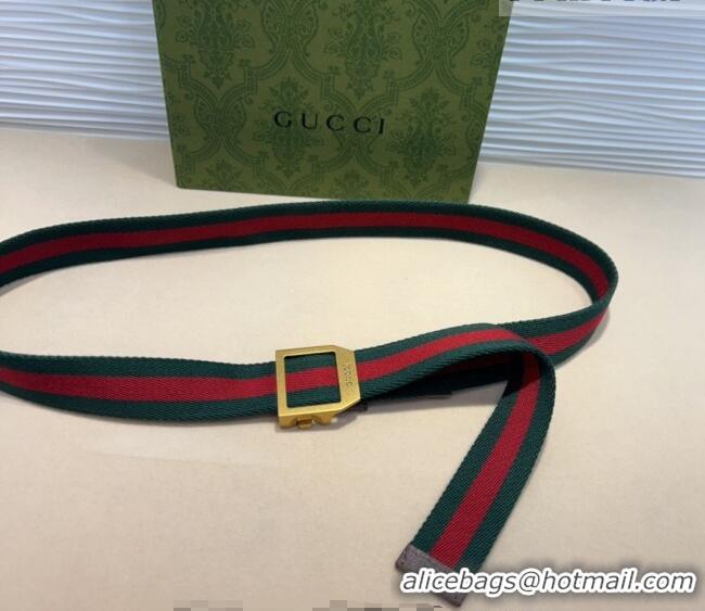 Promotional Gucci Web Belt with Rectangular Buckle GG102104 Green 2024