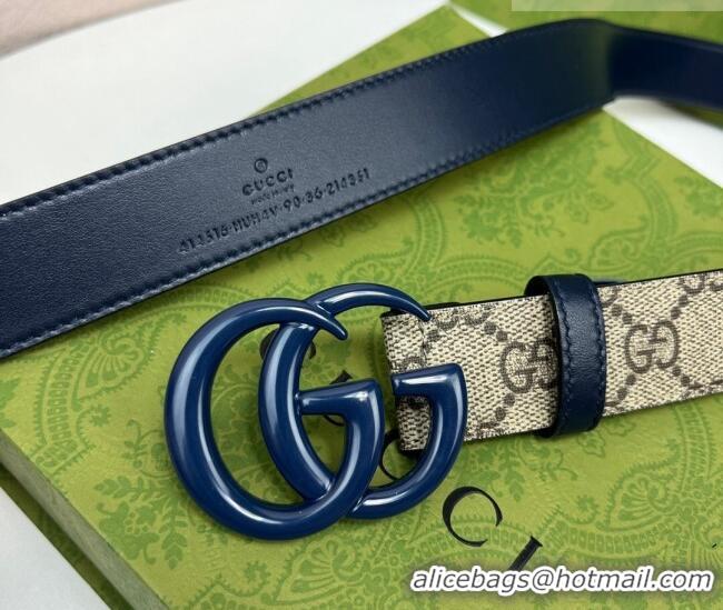 Grade Design Gucci Leather and GG Canvas Belt 3cm with GG Buckle GG102105 Blue 2024