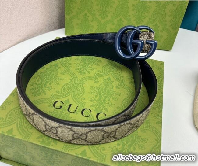 Grade Design Gucci Leather and GG Canvas Belt 3cm with GG Buckle GG102105 Blue 2024