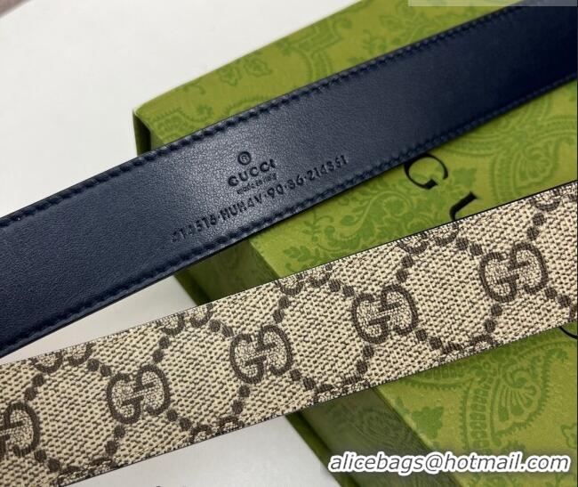 Grade Design Gucci Leather and GG Canvas Belt 3cm with GG Buckle GG102105 Blue 2024