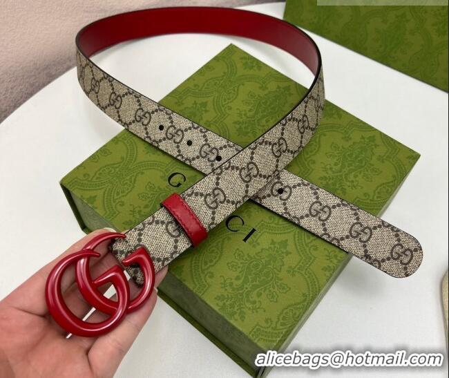 Top Quality Gucci Leather and GG Canvas Belt 3cm with GG Buckle GG102105 Red 2024