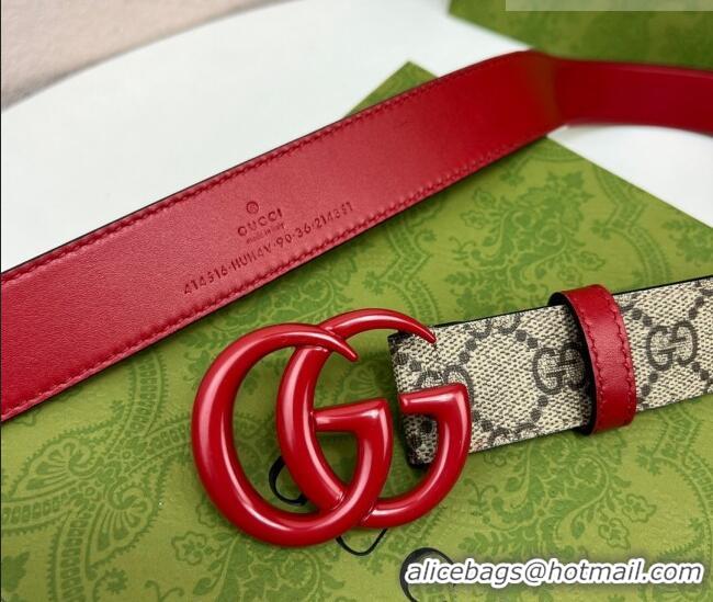 Top Quality Gucci Leather and GG Canvas Belt 3cm with GG Buckle GG102105 Red 2024