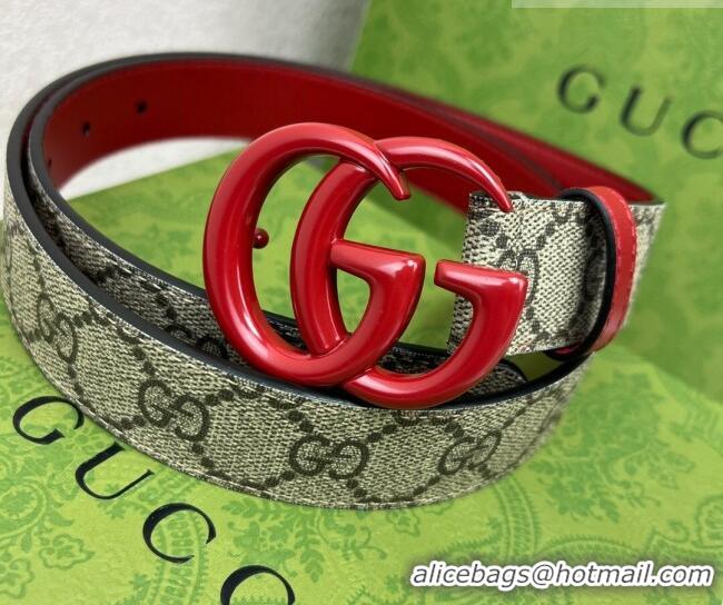 Top Quality Gucci Leather and GG Canvas Belt 3cm with GG Buckle GG102105 Red 2024