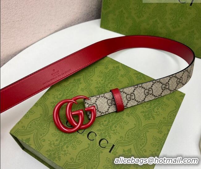Top Quality Gucci Leather and GG Canvas Belt 3cm with GG Buckle GG102105 Red 2024