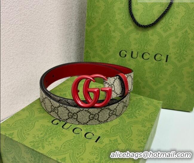 Top Quality Gucci Leather and GG Canvas Belt 3cm with GG Buckle GG102105 Red 2024