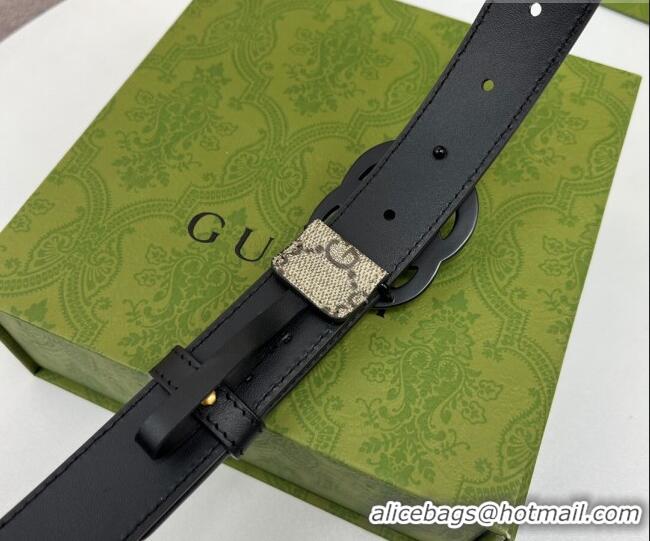 Top Quality Gucci Leather and GG Canvas Belt 3cm with GG Buckle GG102105 Black 2024