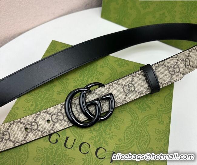Top Quality Gucci Leather and GG Canvas Belt 3cm with GG Buckle GG102105 Black 2024