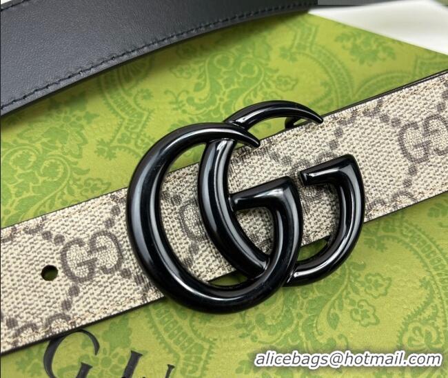 Top Quality Gucci Leather and GG Canvas Belt 3cm with GG Buckle GG102105 Black 2024