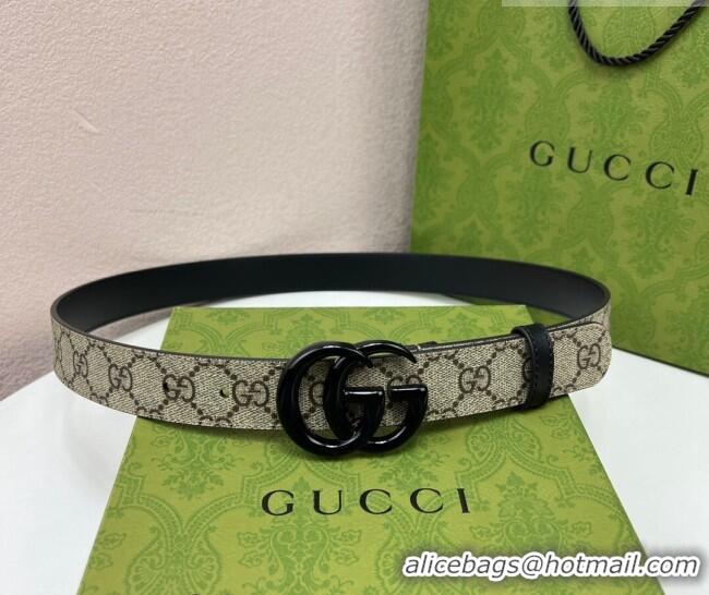 Top Quality Gucci Leather and GG Canvas Belt 3cm with GG Buckle GG102105 Black 2024