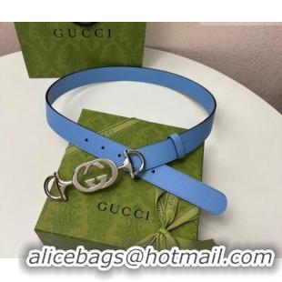 Grade Design Gucci Calfskin Leather Belt 3cm with GG Chain GG102106 Light Blue 2024