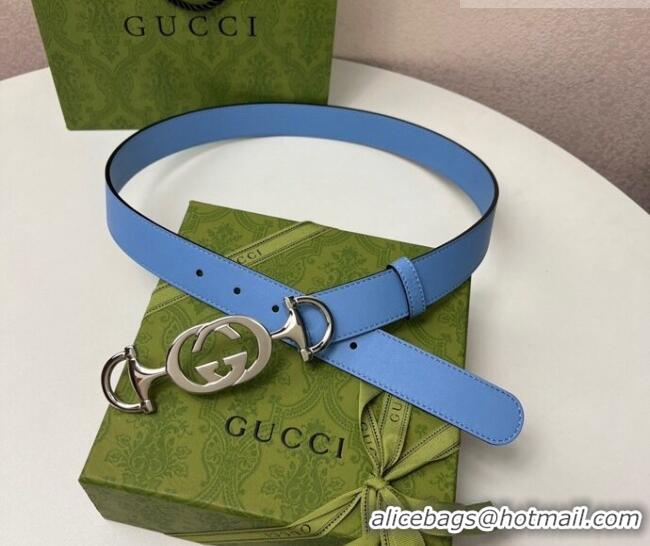 Grade Design Gucci Calfskin Leather Belt 3cm with GG Chain GG102106 Light Blue 2024