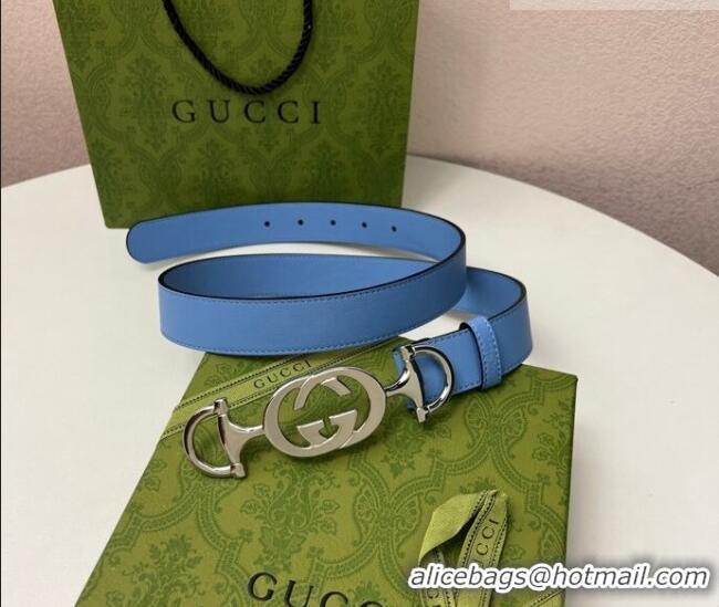 Grade Design Gucci Calfskin Leather Belt 3cm with GG Chain GG102106 Light Blue 2024