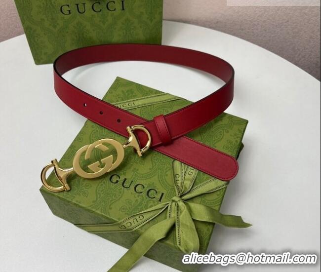 Super Quality Gucci Calfskin Leather Belt 3cm with GG Chain GG102106 Red 2024