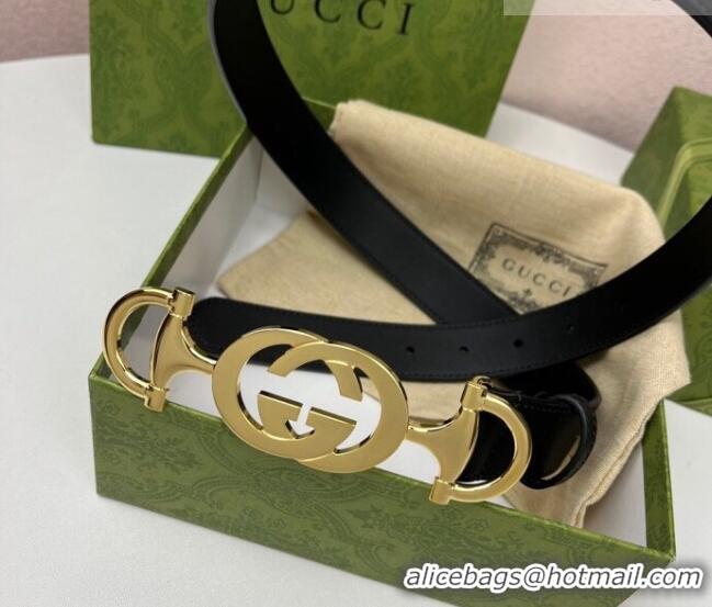Top Quality Gucci Calfskin Leather Belt 3cm with GG Chain GG102106 Black 2024