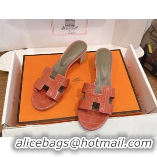 Grade Quality Hermes Oasis Classic Heel Slides Sandal 4.5cm in Crocodile Embossed Leather Coral Pink 0304047