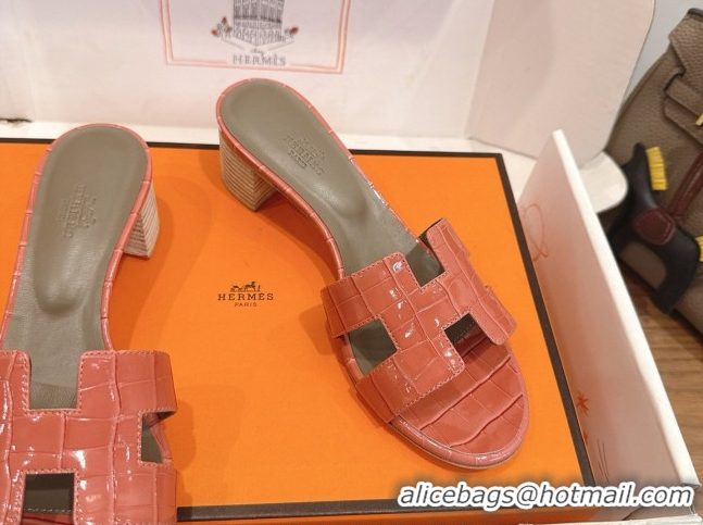 Grade Quality Hermes Oasis Classic Heel Slides Sandal 4.5cm in Crocodile Embossed Leather Coral Pink 0304047