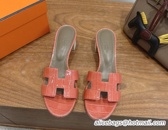 Grade Quality Hermes Oasis Classic Heel Slides Sandal 4.5cm in Crocodile Embossed Leather Coral Pink 0304047