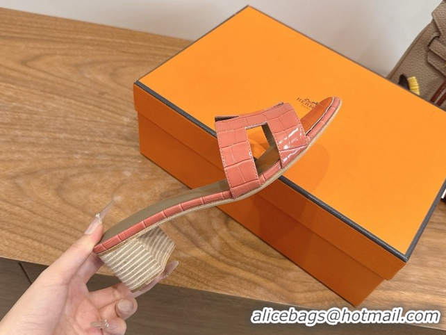 Grade Quality Hermes Oasis Classic Heel Slides Sandal 4.5cm in Crocodile Embossed Leather Coral Pink 0304047