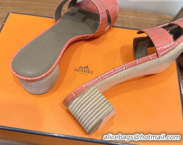 Grade Quality Hermes Oasis Classic Heel Slides Sandal 4.5cm in Crocodile Embossed Leather Coral Pink 0304047