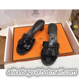 Sumptuous Hermes Oasis Classic Heel Slides Sandal 4.5cm in Crocodile Embossed Leather All Black 0304049