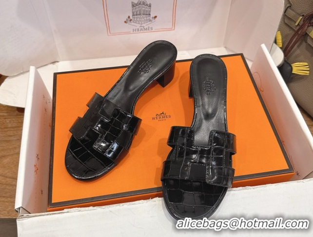 Sumptuous Hermes Oasis Classic Heel Slides Sandal 4.5cm in Crocodile Embossed Leather All Black 0304049