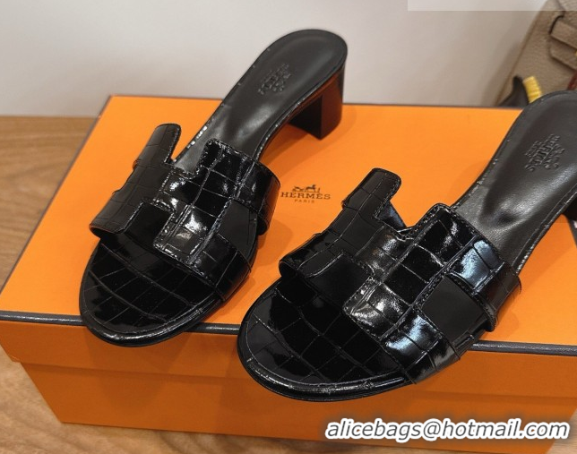 Sumptuous Hermes Oasis Classic Heel Slides Sandal 4.5cm in Crocodile Embossed Leather All Black 0304049