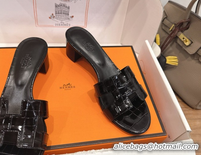 Sumptuous Hermes Oasis Classic Heel Slides Sandal 4.5cm in Crocodile Embossed Leather All Black 0304049