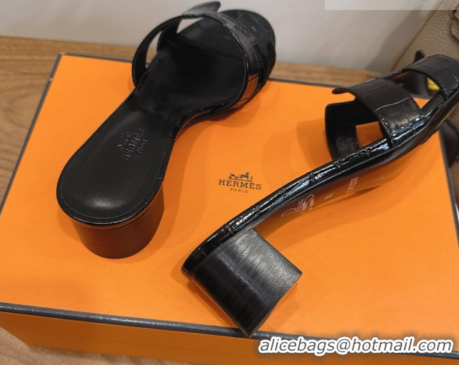 Sumptuous Hermes Oasis Classic Heel Slides Sandal 4.5cm in Crocodile Embossed Leather All Black 0304049