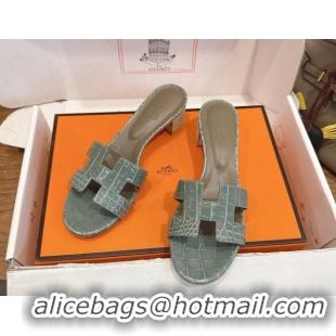 Top Grade Hermes Oasis Classic Heel Slides Sandal 4.5cm in Crocodile Embossed Leather Light Grey 0304050
