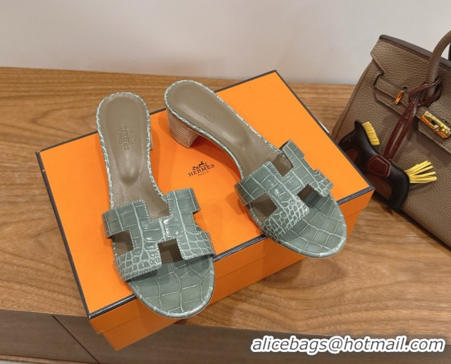 Top Grade Hermes Oasis Classic Heel Slides Sandal 4.5cm in Crocodile Embossed Leather Light Grey 0304050