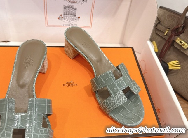Top Grade Hermes Oasis Classic Heel Slides Sandal 4.5cm in Crocodile Embossed Leather Light Grey 0304050