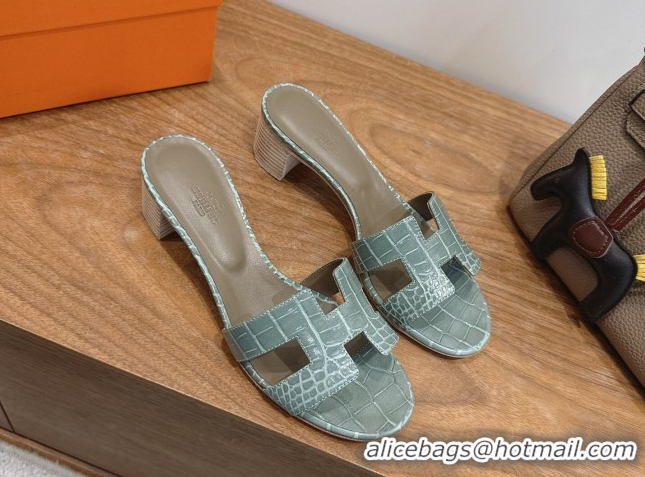 Top Grade Hermes Oasis Classic Heel Slides Sandal 4.5cm in Crocodile Embossed Leather Light Grey 0304050