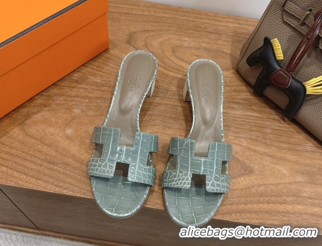 Top Grade Hermes Oasis Classic Heel Slides Sandal 4.5cm in Crocodile Embossed Leather Light Grey 0304050