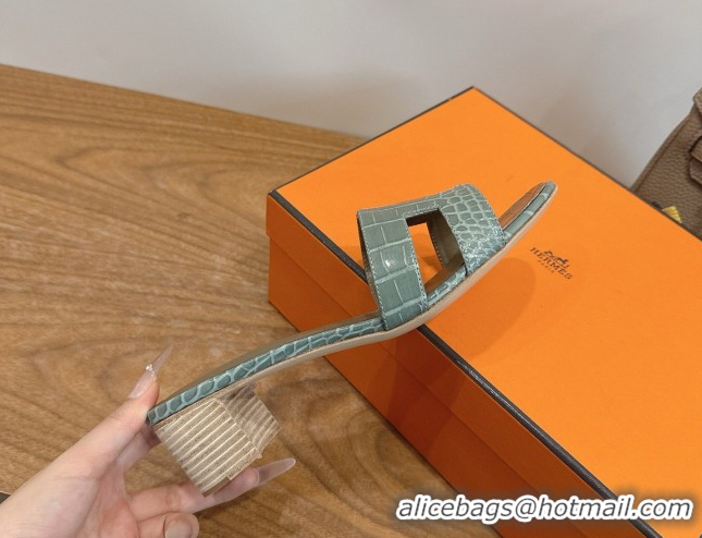 Top Grade Hermes Oasis Classic Heel Slides Sandal 4.5cm in Crocodile Embossed Leather Light Grey 0304050