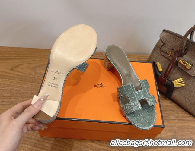 Top Grade Hermes Oasis Classic Heel Slides Sandal 4.5cm in Crocodile Embossed Leather Light Grey 0304050