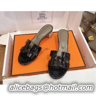 Durable Hermes Oasis Classic Heel Slides Sandal 4.5cm in Crocodile Embossed Leather Black 0304051
